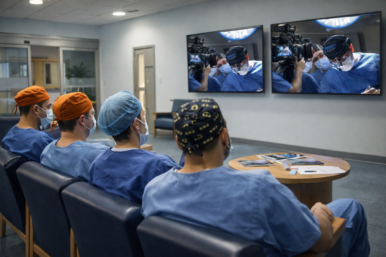 Médicos observando cirugía en pantallas